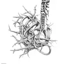 decaying Skeleton arm and hand, wrapped in thorns and vines, moths on top tattoo design idea