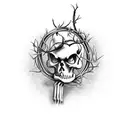decaying Skeleton arm and hand, wrapped in thorns and vines, moths on top tattoo design idea