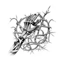 decaying Skeleton arm and hand, wrapped in thorns and vines, moths on top tattoo design idea