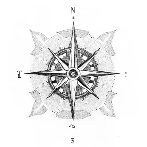 A dotwork tattoo of a compass rose surrounded by fishing lures, symbolizing the importance of family in guiding one's journey tattoo design idea