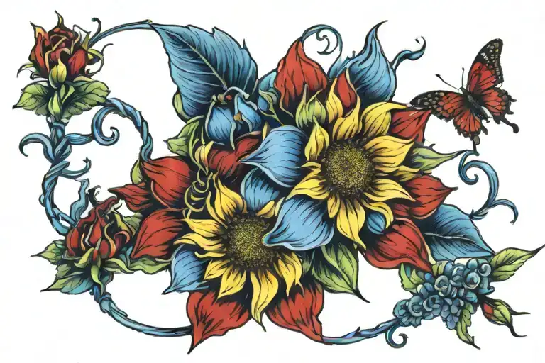 yellow sunflower, red roses, blue orchid flowers intertwined tattoo design idea