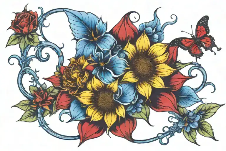 yellow sunflower, red roses, blue orchid flowers wrapping tattoo design idea