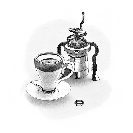 A mechanical arm holding a coffee cup with a disc golf disc as the saucer tattoo design idea