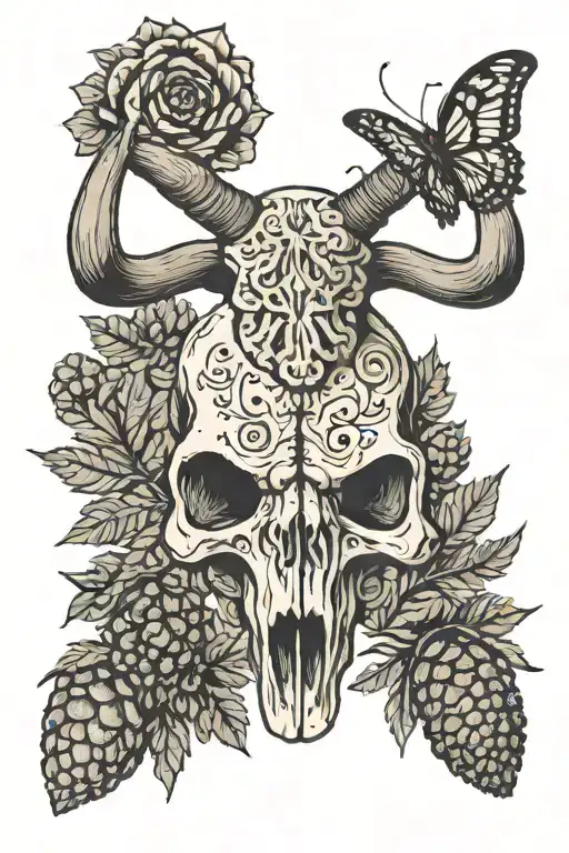 berrys, morel mushroom, longhorn skull, pine cones tattoo design idea