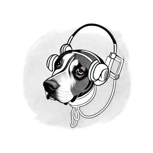 A blackwork tattoo of a dog wearing headphones and DJing at a rave tattoo design idea