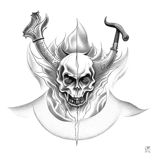 scenery of hell with the devil holding a pitch fork and fire tattoo design idea