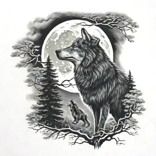 black wolf howling at wolf face moon trees in background tattoo design idea