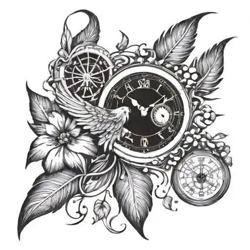 phoenix, feather, clock, lucky pentacle, 4-leaf clovers, number 2, 24 and 16 tattoo design idea