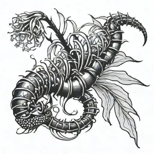 centipede crawling up the stem of a red spider lily , leg tattoo  tattoo design idea