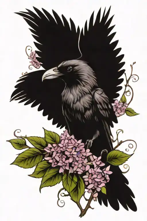 crow and lilacs intertwined tattoo design idea
