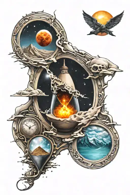 Astronomic black hole at the end of a timeline intertwined with an hourglass filled with sand tattoo design idea