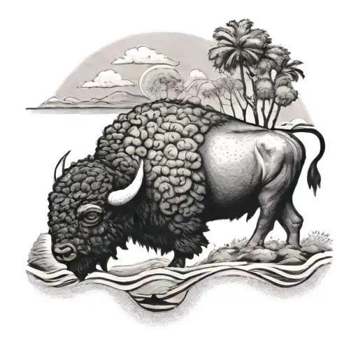 A dotwork tattoo of a buffalo bills logo transformed into a beach scene tattoo design idea