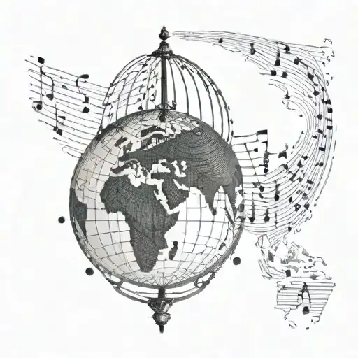 Globe with music notes as latitude and longitude lines tattoo design idea