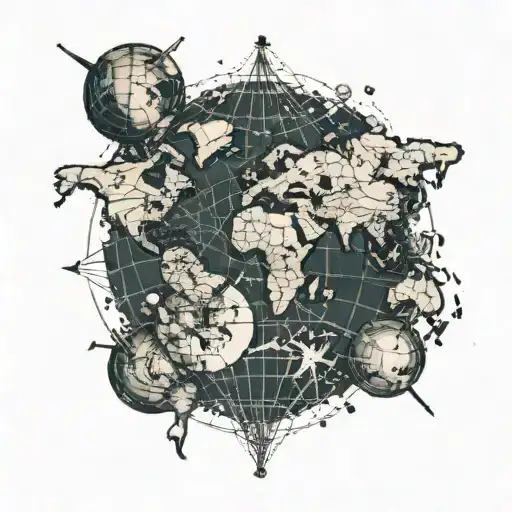 A map of the world with dotted lines connecting all the places you've traveled to, with a small group of friends from team kebab standing on top of a globe, in a dotwork style for a modern and unique twist tattoo design idea
