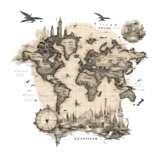 A detailed world map with landmarks from all the places you've traveled to, incorporating elements from team kebab like a kebab skewer or the word 'kebab' in a unique font tattoo design idea