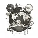 A map of the world with dotted lines connecting all the places you've traveled to, with a small group of friends from team kebab standing on top of a globe, in a dotwork style for a modern and unique twist tattoo design idea