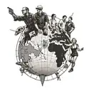 A map of the world with dotted lines connecting all the places you've traveled to, with a small group of friends from team kebab standing on top of a globe, in a dotwork style for a modern and unique twist tattoo design idea