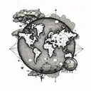 A map of the world with dotted lines connecting all the places you've traveled to, with a small group of friends from team kebab standing on top of a globe, in a dotwork style for a modern and unique twist tattoo design idea