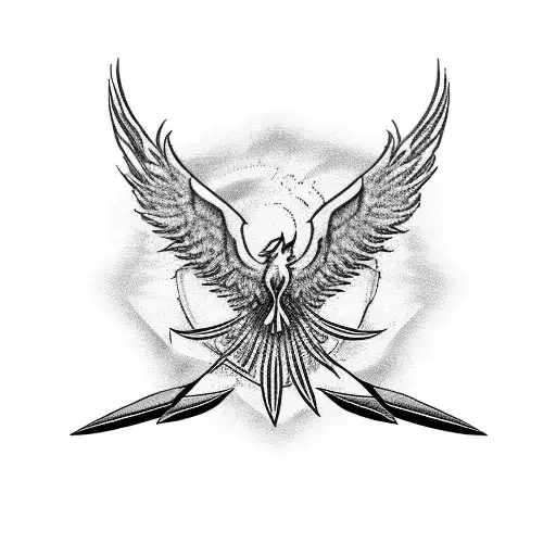 Phoenix with cross five roses waves and fire and wind tattoo design idea