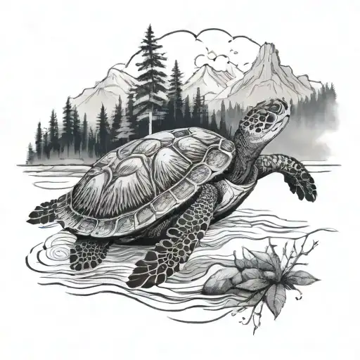 sea turtle swimming, mountains and trees on its shell tattoo design idea