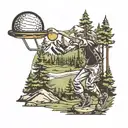 Skelton with baseball hat throwing disc into a disc golf basket with a scenery of pine trees and mountains  tattoo design idea