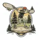 Skelton with baseball hat throwing disc into a disc golf basket with a scenery of pine trees and mountains  tattoo design idea