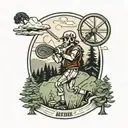 Skelton with baseball hat throwing disc into a disc golf basket with a scenery of pine trees and mountains  tattoo design idea