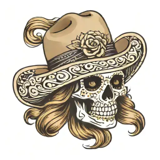 female mexican skull with a cowboy hat, golden diamond eyes, wavy light brown hair tattoo design idea