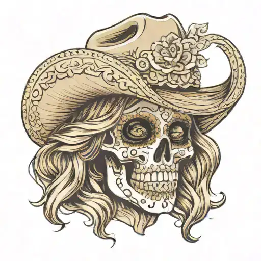 female mexican skull with a cowboy hat, golden diamond eyes, wavy light brown hair tattoo design idea