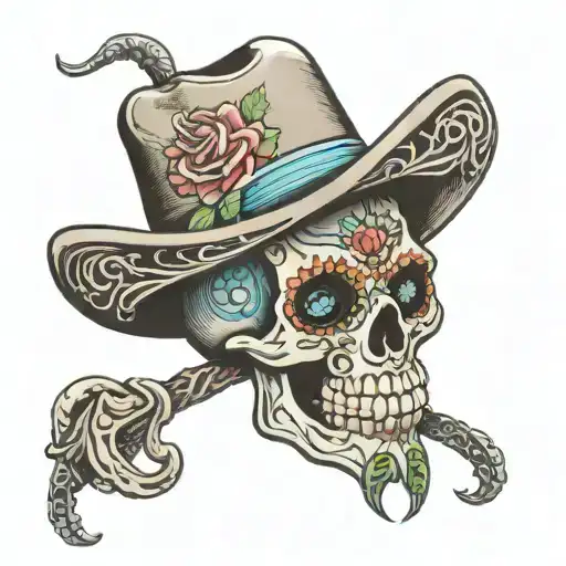 Mexican skull with a cowboy hat, diamond eyes and the phrase "never accept less than the love we gave you" tattoo design idea