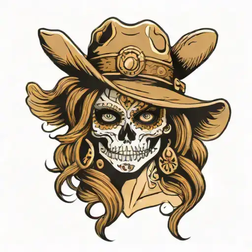 female mexican skull with a cowboy hat, golden diamond eyes, wavy light brown hair tattoo design idea