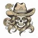 female mexican skull with a cowboy hat, golden diamond eyes, wavy light brown hair tattoo design idea