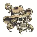 female mexican skull with a cowboy hat, golden diamond eyes, wavy light brown hair tattoo design idea