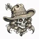 female mexican skull with a cowboy hat, golden diamond eyes, wavy light brown hair tattoo design idea
