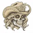 female mexican skull with a cowboy hat, golden diamond eyes, wavy light brown hair tattoo design idea