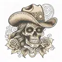 female mexican skull with a cowboy hat, golden diamond eyes, wavy light brown hair tattoo design idea
