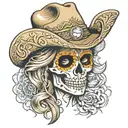 female mexican skull with a cowboy hat, golden diamond eyes, wavy light brown hair tattoo design idea