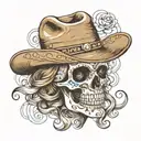female mexican skull with a cowboy hat, golden diamond eyes, wavy light brown hair tattoo design idea