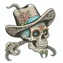 Mexican skull with a cowboy hat, diamond eyes and the phrase "never accept less than the love we gave you" tattoo design idea