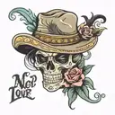 Mexican skull with a cowboy hat, diamond eyes and the phrase "never accept less than the love we gave you" tattoo design idea