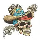 Mexican skull with a cowboy hat, diamond eyes and the phrase "never accept less than the love we gave you" tattoo design idea