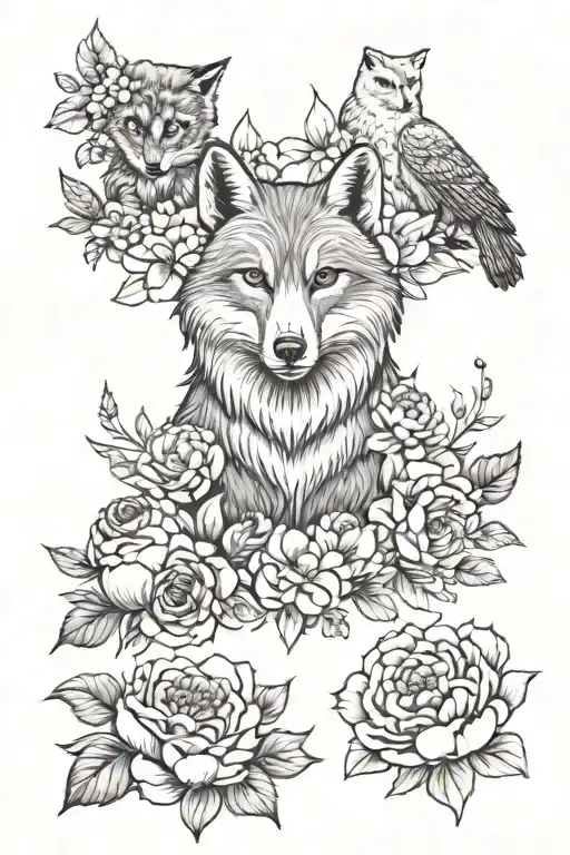 fox, owl, wolf, and bear surrounded by peony flowers and poppies  tattoo design idea