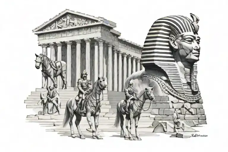 Parthenon and giza pyramids with king tut and Zeus tattoo design idea