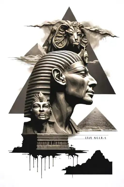 Parthenon and giza pyramids with king tut and Zeus tattoo design idea