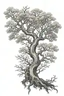 Placement: Leg calf muscle Size: Around 30 cm Color: Black and white The design includes:  A whimsical tree with roots.  tattoo design idea