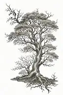 Placement: Leg calf muscle Size: Around 30 cm Color: Black and white The design includes:  A whimsical tree with roots.  tattoo design idea