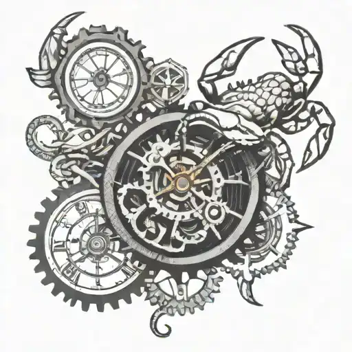 gears of a clock with a crab  tattoo design idea
