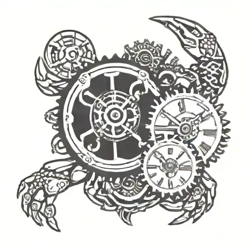 Gears of a clock, picture of a crab wi hearts tattoo design idea