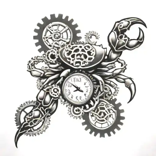 gears of a clock with a crab holding tattoo design idea