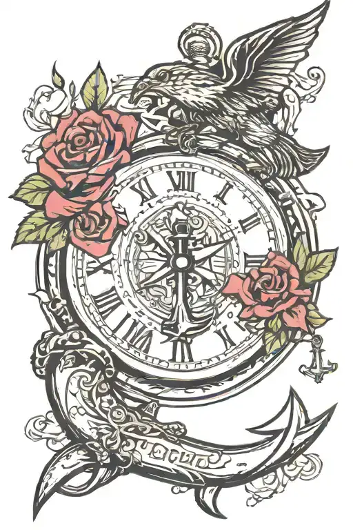 anchor rose pocket watch plane flying tattoo design idea
